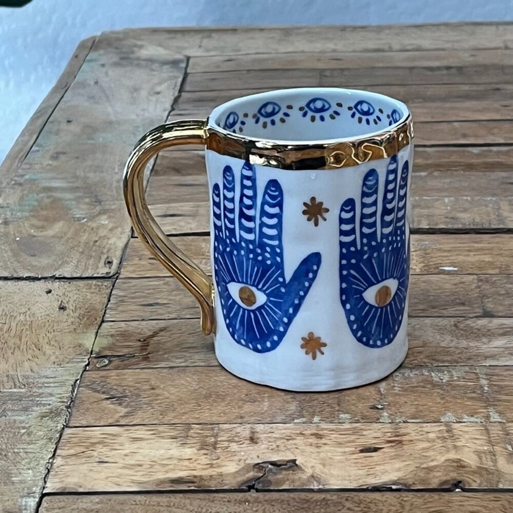 Anthropologie 4" Mug Insight Hamsa Hand Stoneware Blue & Gold Evil Eye Handle